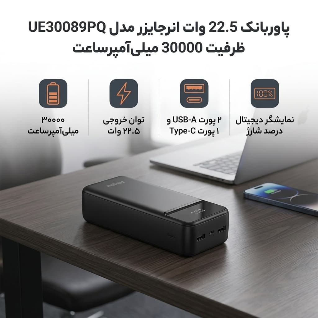 پاوربانک 22.5 وات انرجایزر مدل UE30089PQ ظرفیت 30000 میلیآمپرساعت — تصویر ۸