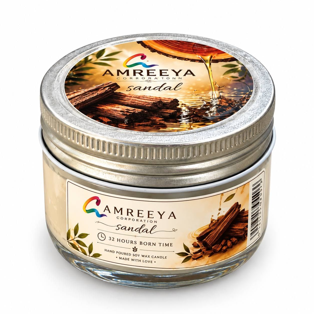 شمع عطری چوب صندل آمریا Amreeya Sandal – شمع سویا دست‌ساز رایحه گرم و چوبی – پخش بوی عالی – سوخت ۳۲ ساعته – اصل وارداتی