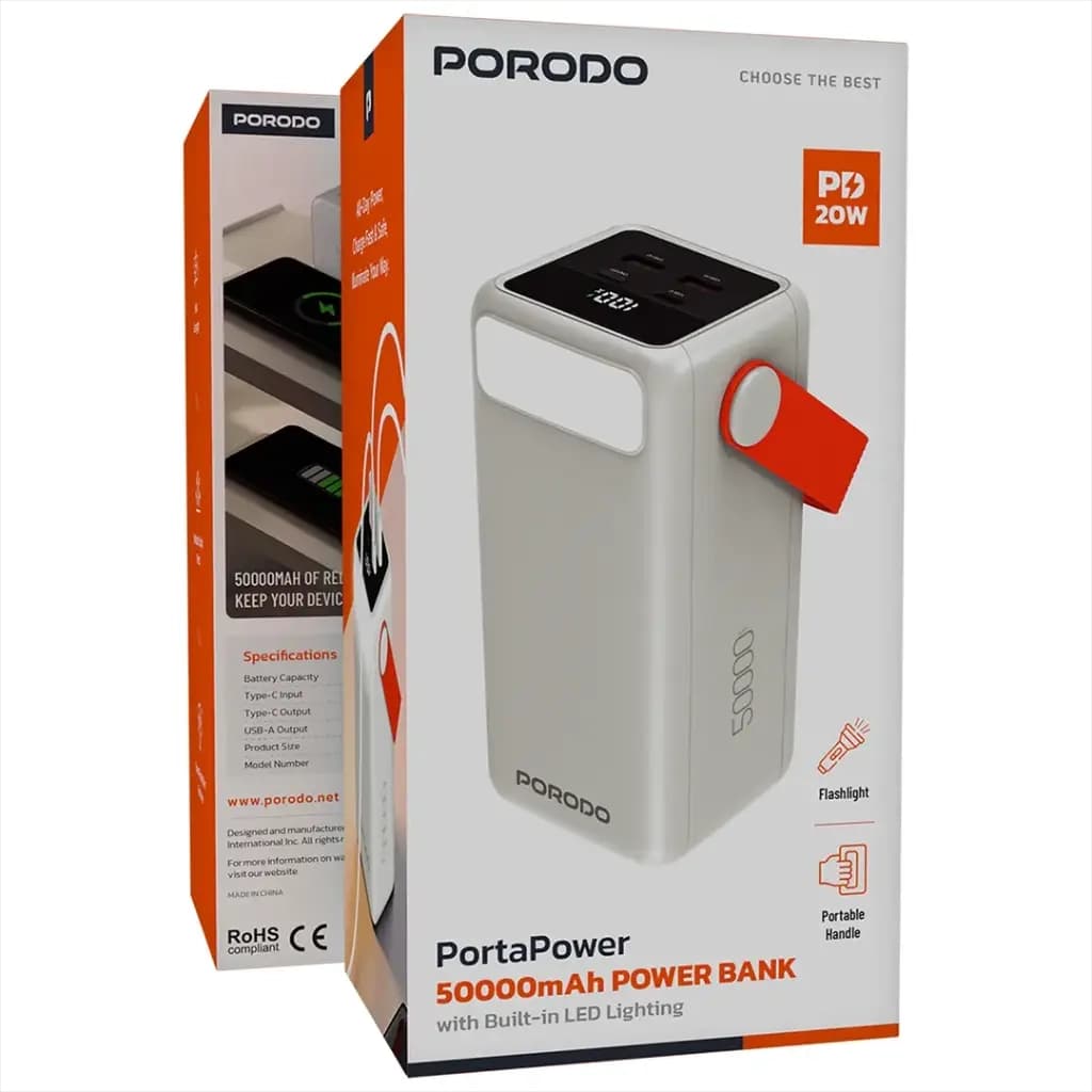 پاوربانک ۵۰۰۰۰mAh با نور LED پرودو مدل PDPBXRT50WH — تصویر ۳