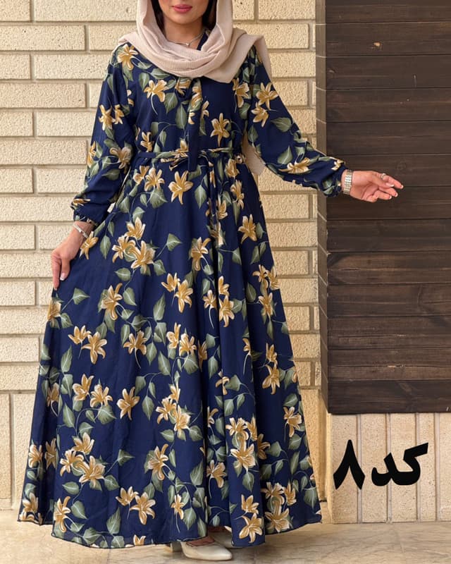پیراهن نخی کلوش طرح دار 7169 — تصویر ۲