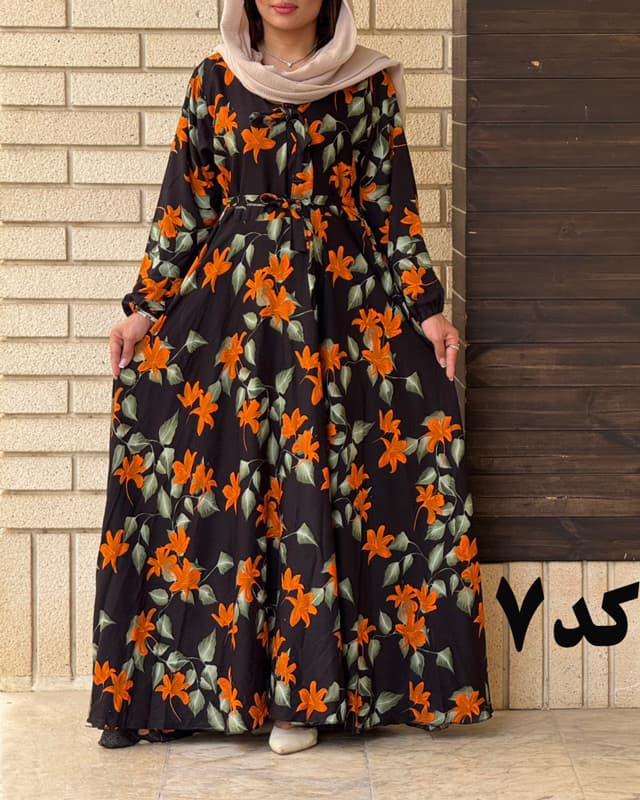 پیراهن نخی کلوش طرح دار 7169 — تصویر ۳