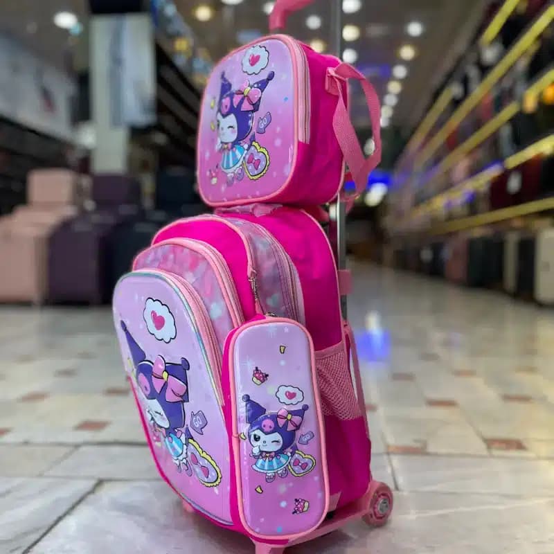 کوله پشتی 3 تیکه همراه با ظرف غذا و جامدادی چرخ دار وارداتی مدل کرومی مدل 01 — تصویر ۲
