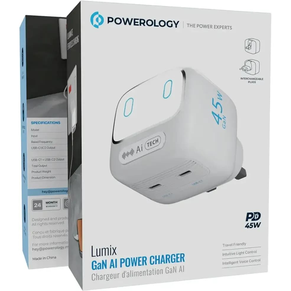 شارژر دیواری پاورولوژی مدل Powerology Lumix Gan Ai PWCUQC052WH — تصویر ۳