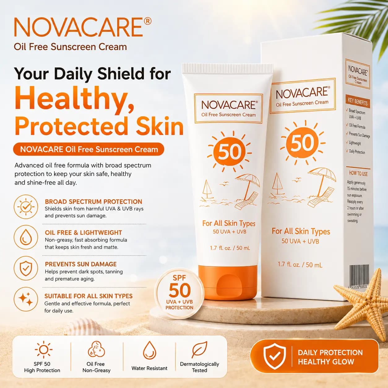 کرم ضدآفتاب بی‌رنگ و فاقد چربی SPF50 نواکر حجم ۵۰ میلی‌لیتر