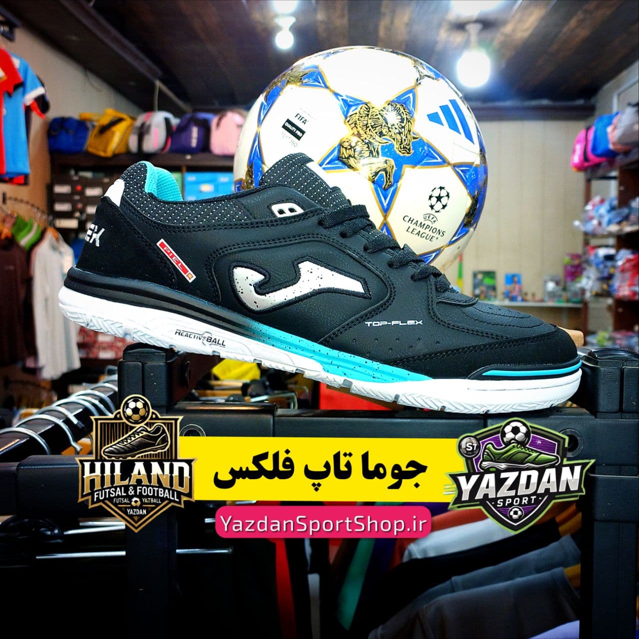 کفش فوتسال جوما مدل تاپ فلکس ریباند رنگ مشکی آبی