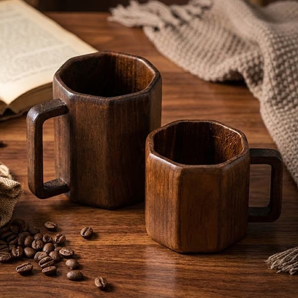 لیوان هشت ظلعی دسته دار از چوب راش
