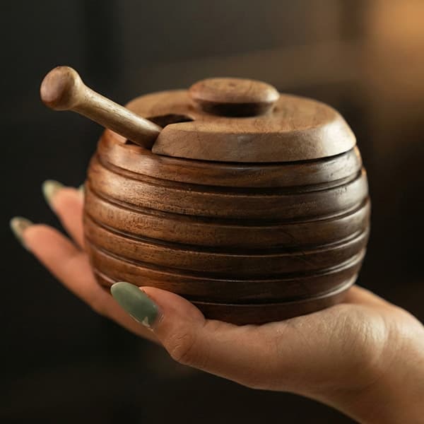 ظرف عسل خوری چوبی با قاشق چوبی مخصوص عسل — تصویر ۳