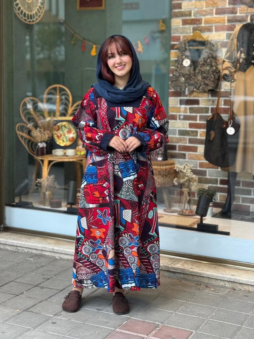 پیراهن هدیه طرحدار شلوغ آبی زرشکی