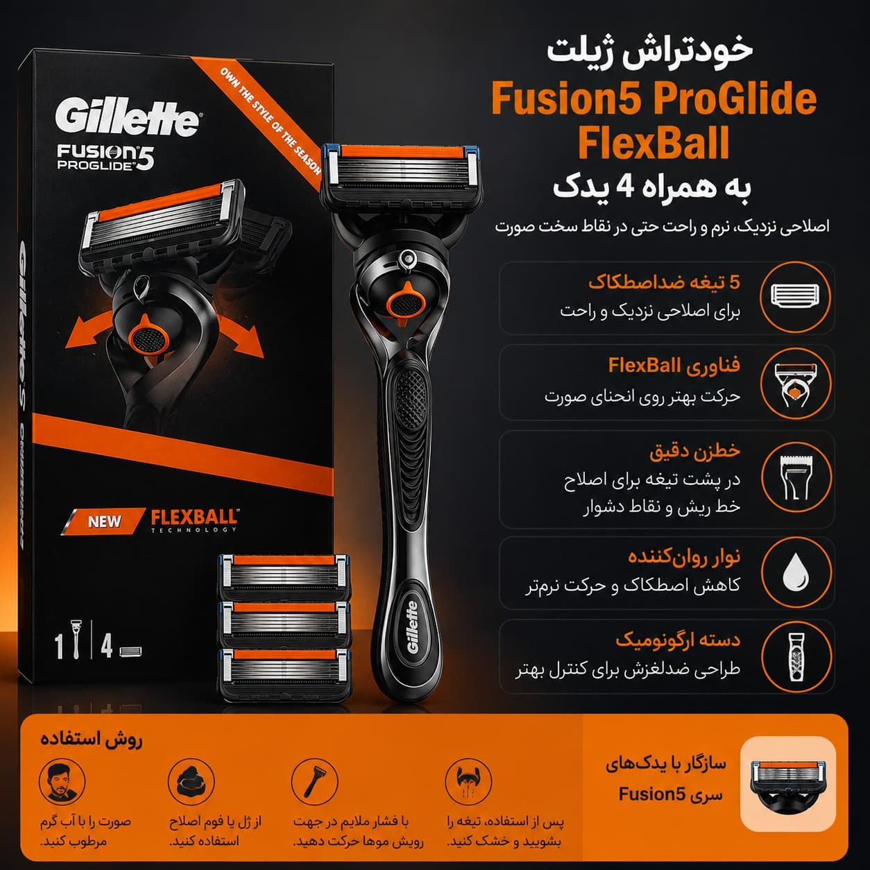 خودتراش مردانه ژیلت مدل Fusion5 ProGlide FlexBall به همراه 4 یدک — تصویر ۴