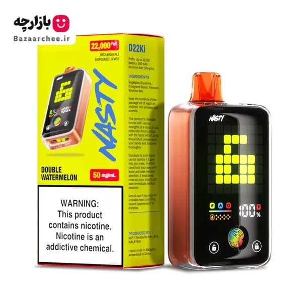 ویپ پاد یکبار مصرف نستی هندوانه یخ 22000 پاف + صفحه نمایش حرفه‌ای و لمسی | Nasty Bar D22Ki DOUBLE WATERMELON — تصویر ۲