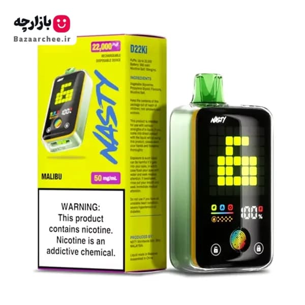 ویپ پاد یکبار مصرف نستی آناناس نارگیل یخ 22000 پاف + صفحه نمایش حرفه‌ای و لمسی | Nasty Bar D22Ki MALIBU — تصویر ۲