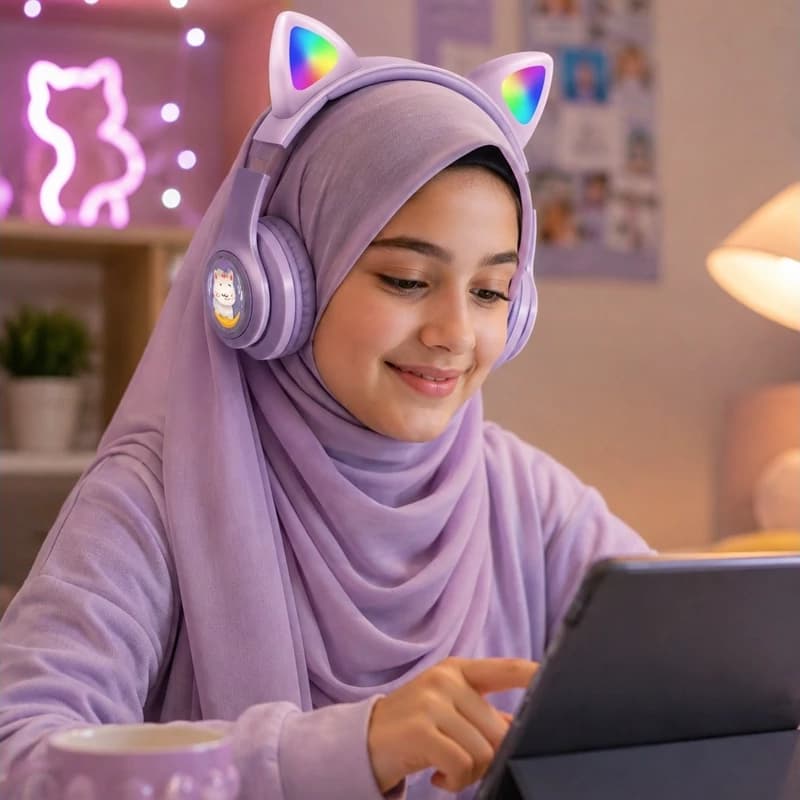 هدفون بلوتوثی کاکوسیگا طرح گربه مدل KSC-1118 مجهز به نورپردازی رنگارنگ RGB — تصویر ۳