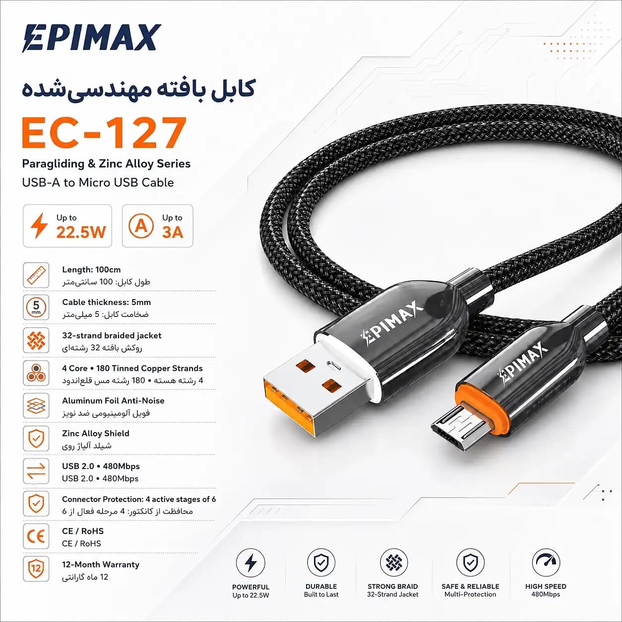 کابل USB-A به Micro-USB اپیمکس مدل EC-127 طول 1 متر با توان 22.5 وات — تصویر ۲