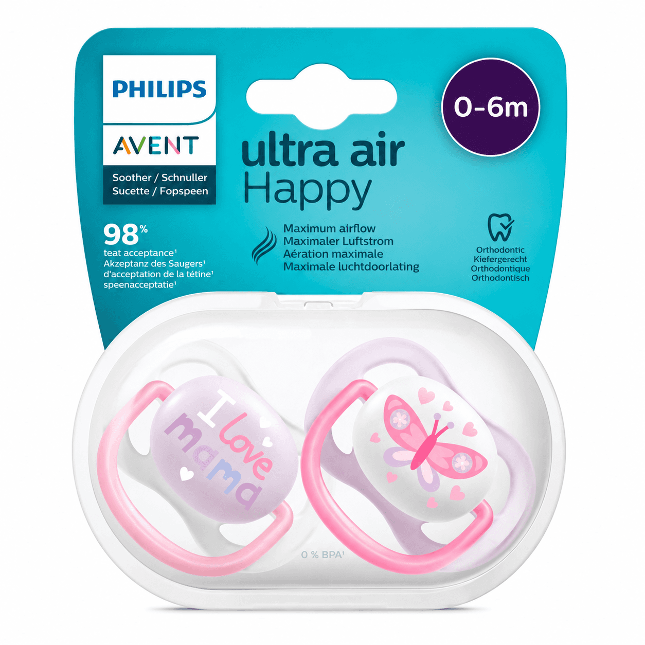 پستانک فیلیپس اونت Ultra Air Happy طرح I Love Mama و پروانه ۰ تا ۶ ماه ۲ عددی philips avent
