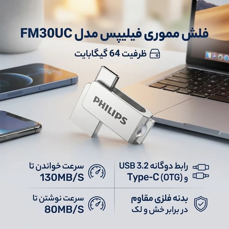 فلش مموری OTG فیلیپس مدل FM30UC ظرفیت 64 گیگابایت | رابط USB 3.2 و Type-C — تصویر ۶