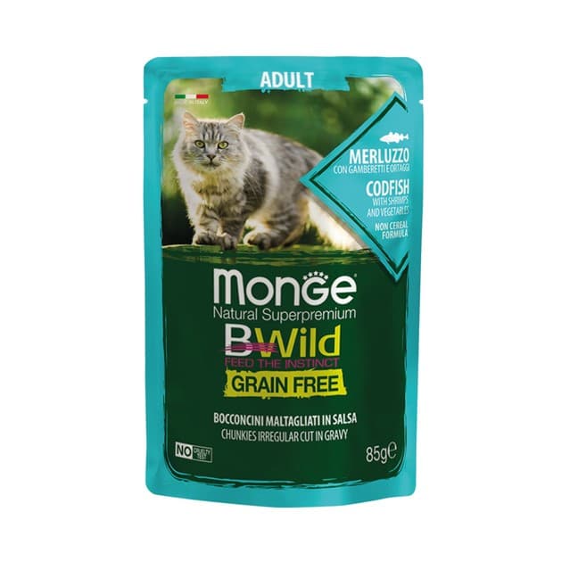 پوچ گربه مونژه BWild ماهی کاد، میگو و سبزیجات | سوپر پرمیوم، طبیعی – بدون غلات | 85 گرم — تصویر ۲