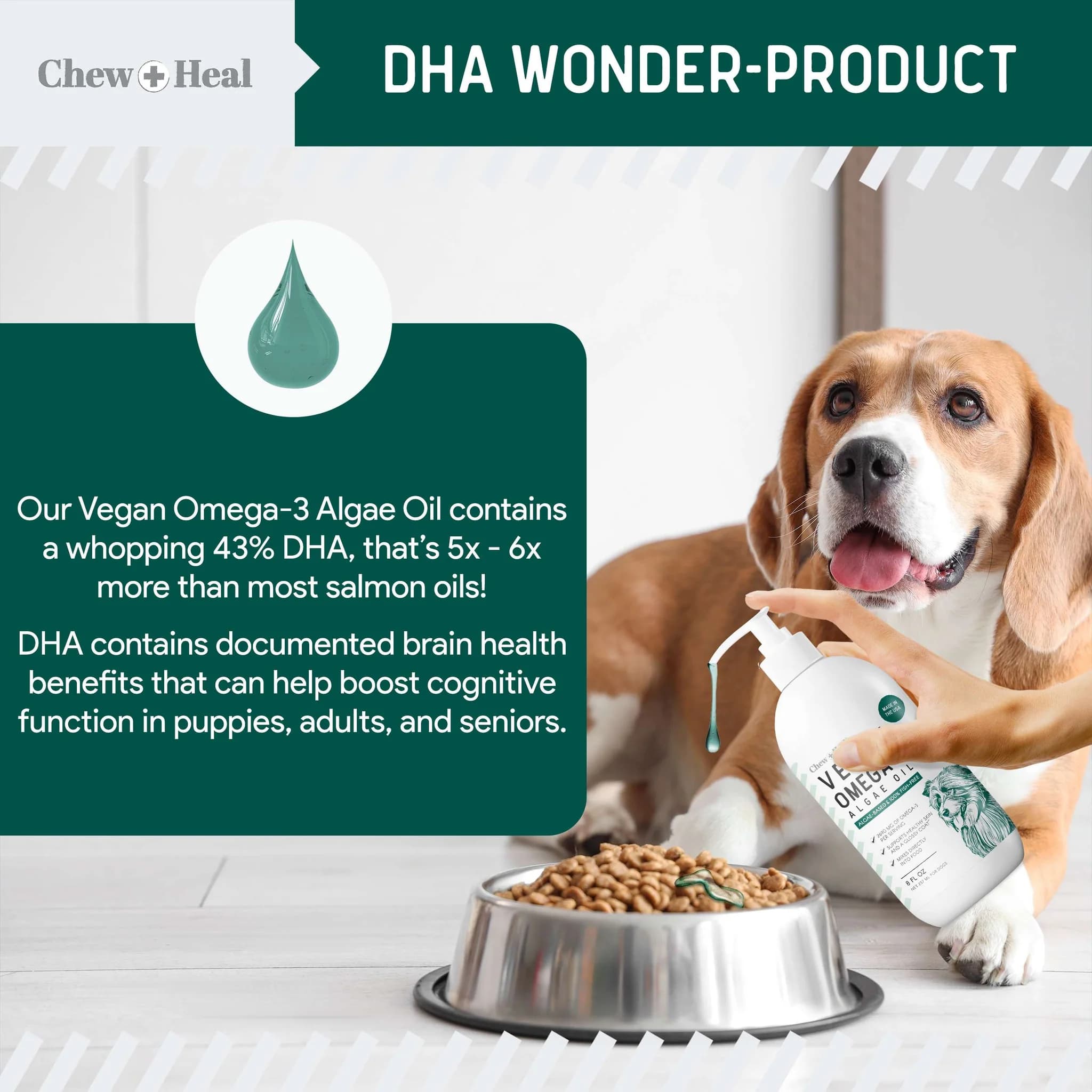 روغن امگا3 سگ وگان برند Chew + Heal (آمریکایی) | تقویت کننده پوست و مو | 237 میلی‌لیتر — تصویر ۵