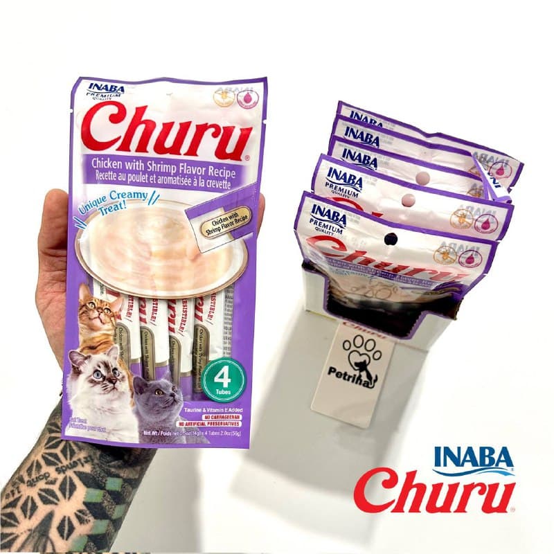 تشویقی گربه Inaba Churu با طعم مرغ و میگو | بدون غلات – کم کالری، بافت کرمی، لیسیدنی | غنی شده با تائورین و ویتامین E