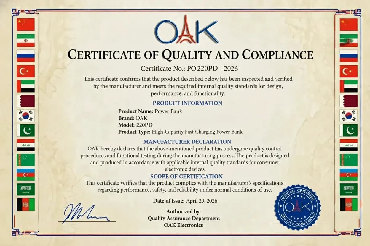 پاوربانک OAK مدل 220PD ظرفیت 20000 میلی‌آمپر با شارژ سریع 22.5 وات و یک‌سال گارانتی معتبر بلوط + اصل — تصویر ۴
