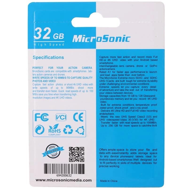 رم میکرو کارت حافظه 32 گیگ میکروسونیک MicroSonic 533X U1 C10 100MB/s — تصویر ۳