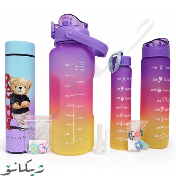 ست قمقمه ورزشی ۳ قلو و فلاکس مجموعه 4 عددی — تصویر ۲