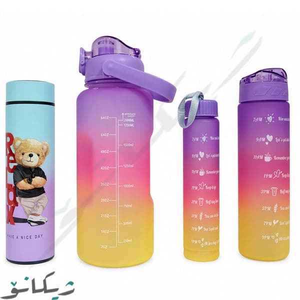 ست قمقمه ورزشی ۳ قلو و فلاکس مجموعه 4 عددی