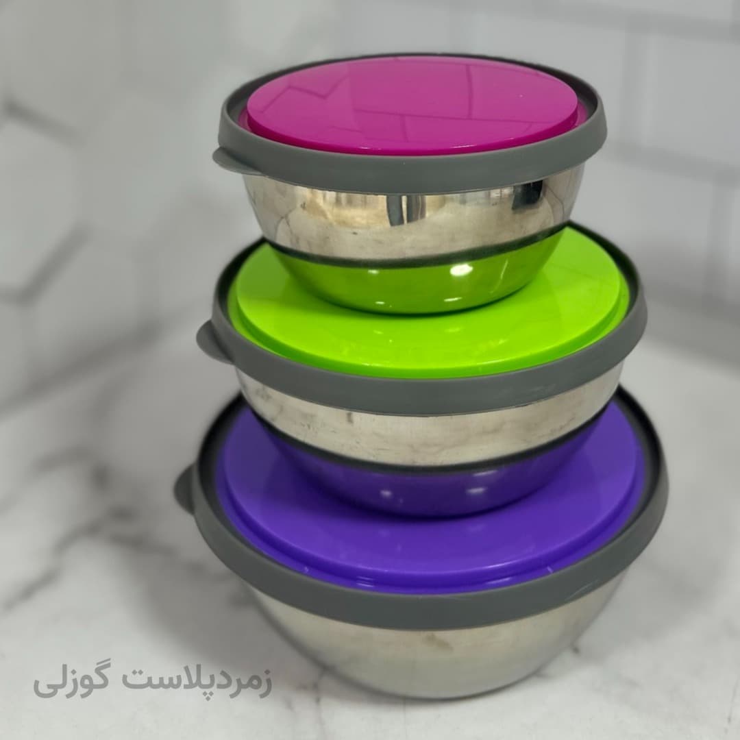 کاسه استیل ۳ تایی درب دار چفت شونده