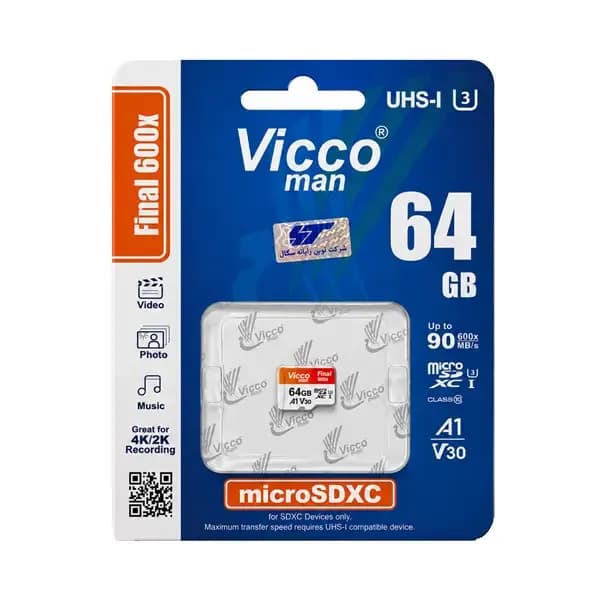 رم میکرو 64 گیگ ویکومن Vicco Man Final 600x A1 V30 U3 C10 90MB/s + خشاب — تصویر ۳