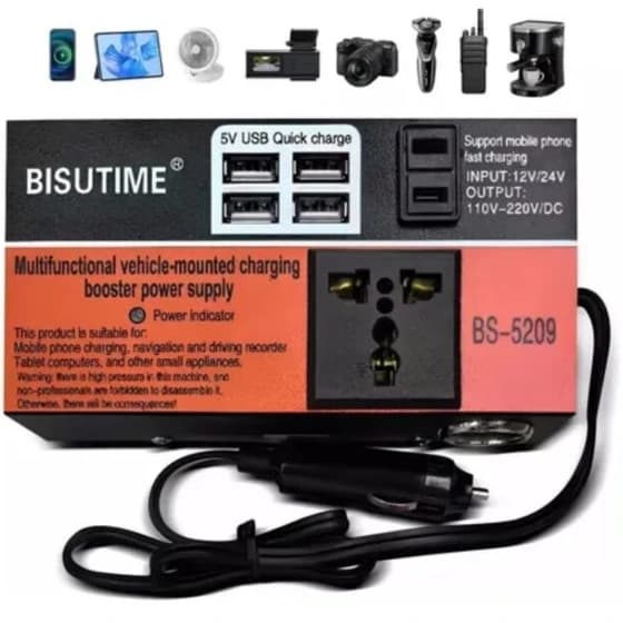 مبدل برق خودرو BISUTIME BS-5209 | اینورتر 12 به 220 ولت با توان 300 وات — تصویر ۲