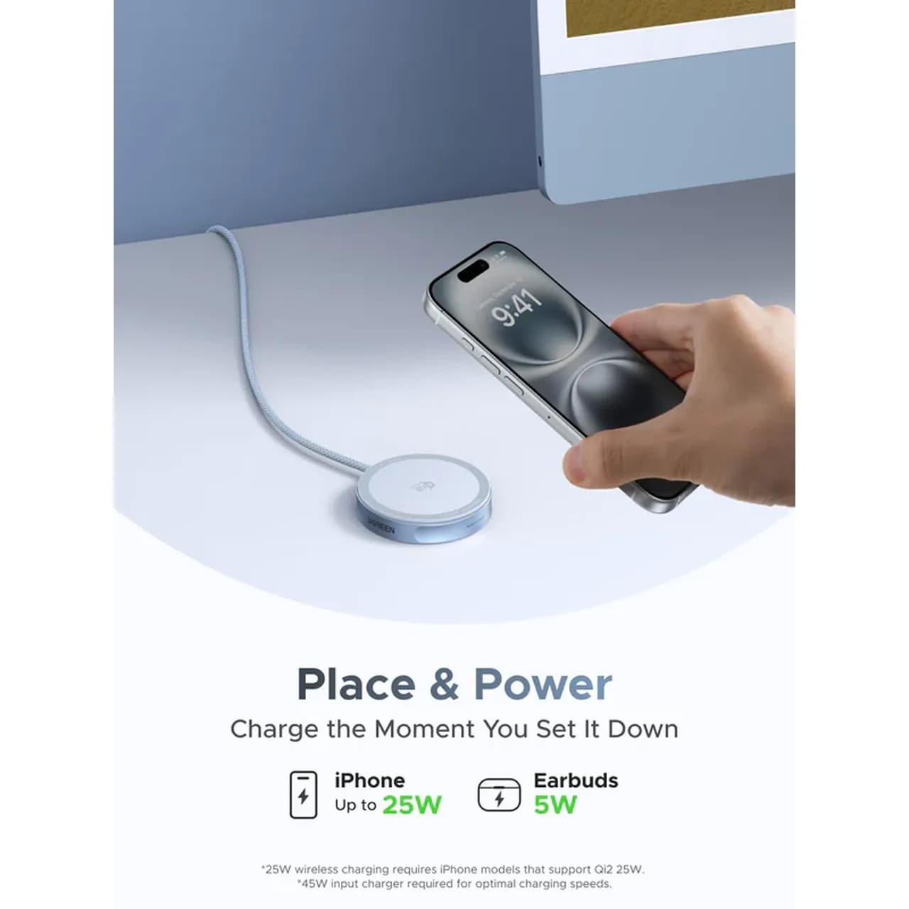 شارژر وایرلس UGREEN مدل MagFlow W753 25W آبی روشن — تصویر ۴