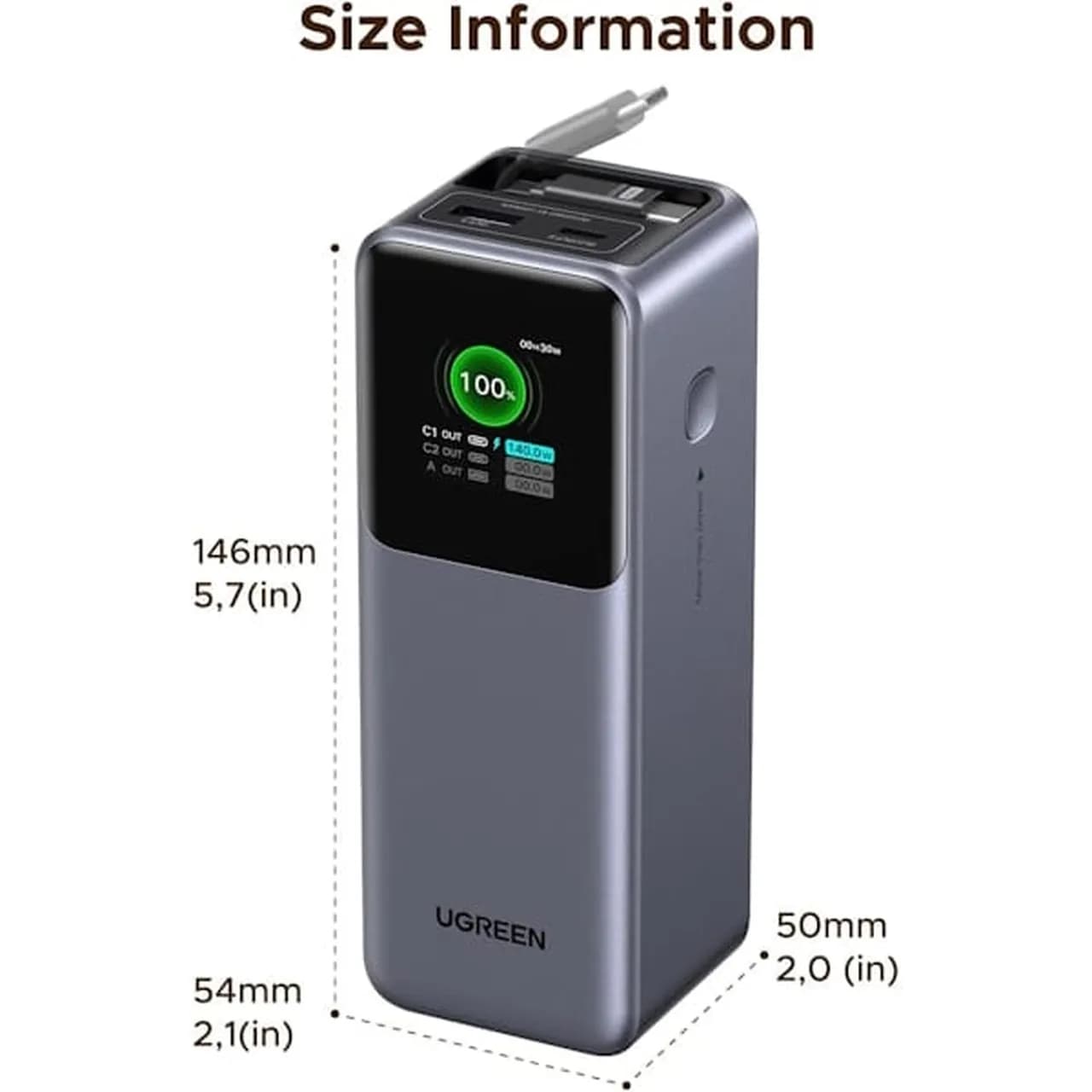پاوربانک PD فست شارژ UGREEN 20000mAh مدل Nexode 165W خاکستری — تصویر ۴