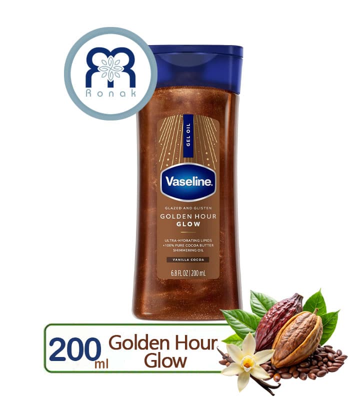 ژل روغن بدن وازلین مدل Golden Hour Glow با رایحه کاکائو و وانیل حجم 200 میل — تصویر ۲