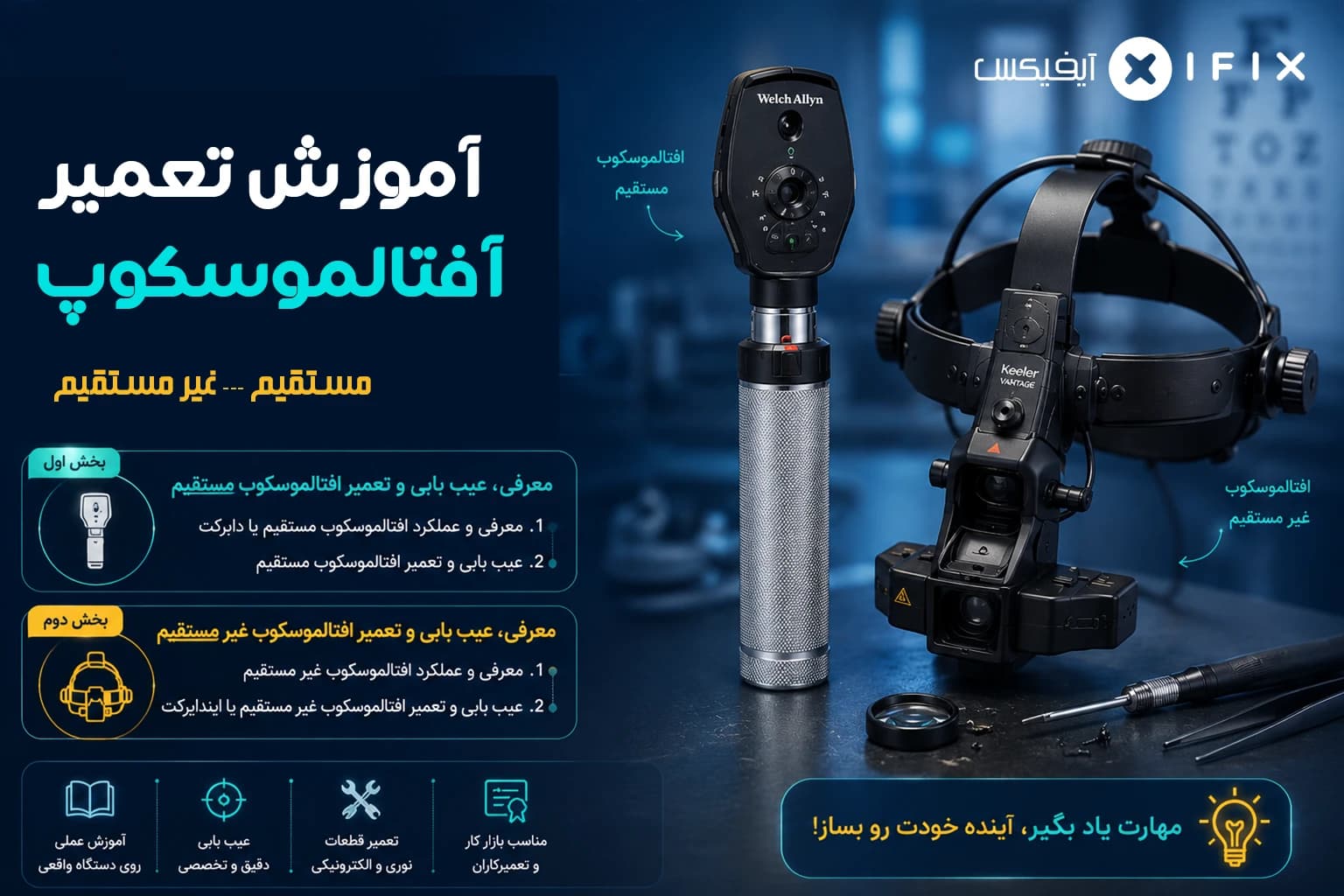 آموزش تعمیر افتالموسکوپ مستقیم و غیر مستقیم