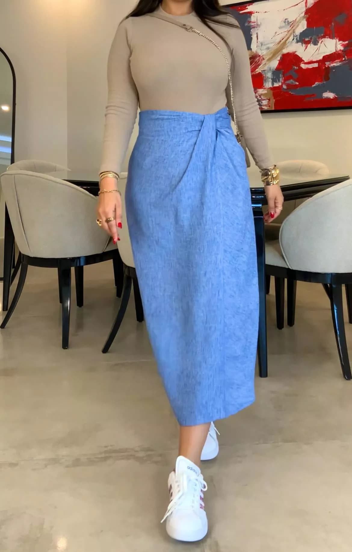 دامن زنانه گره دار لینن زارا کرم — تصویر ۵