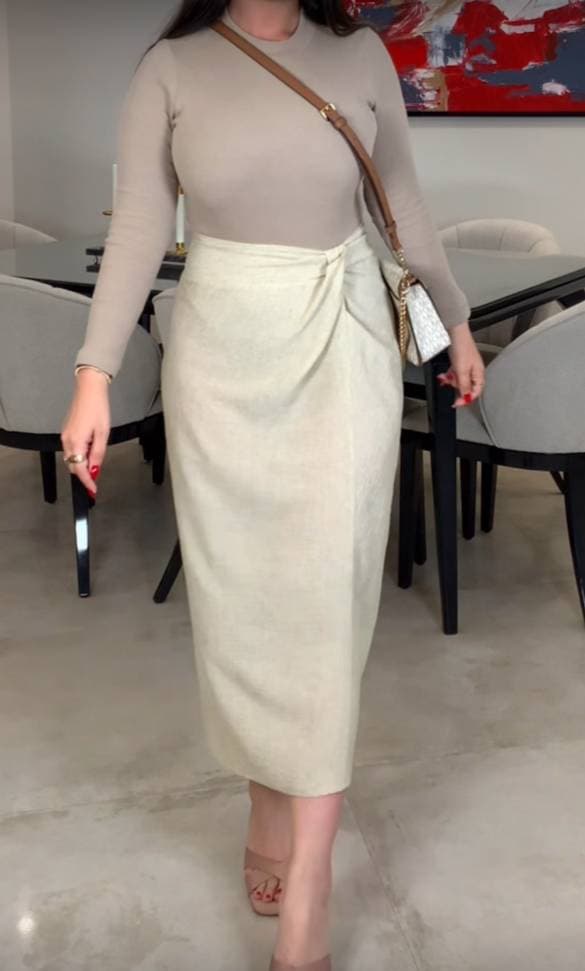 دامن زنانه گره دار لینن زارا کرم — تصویر ۳