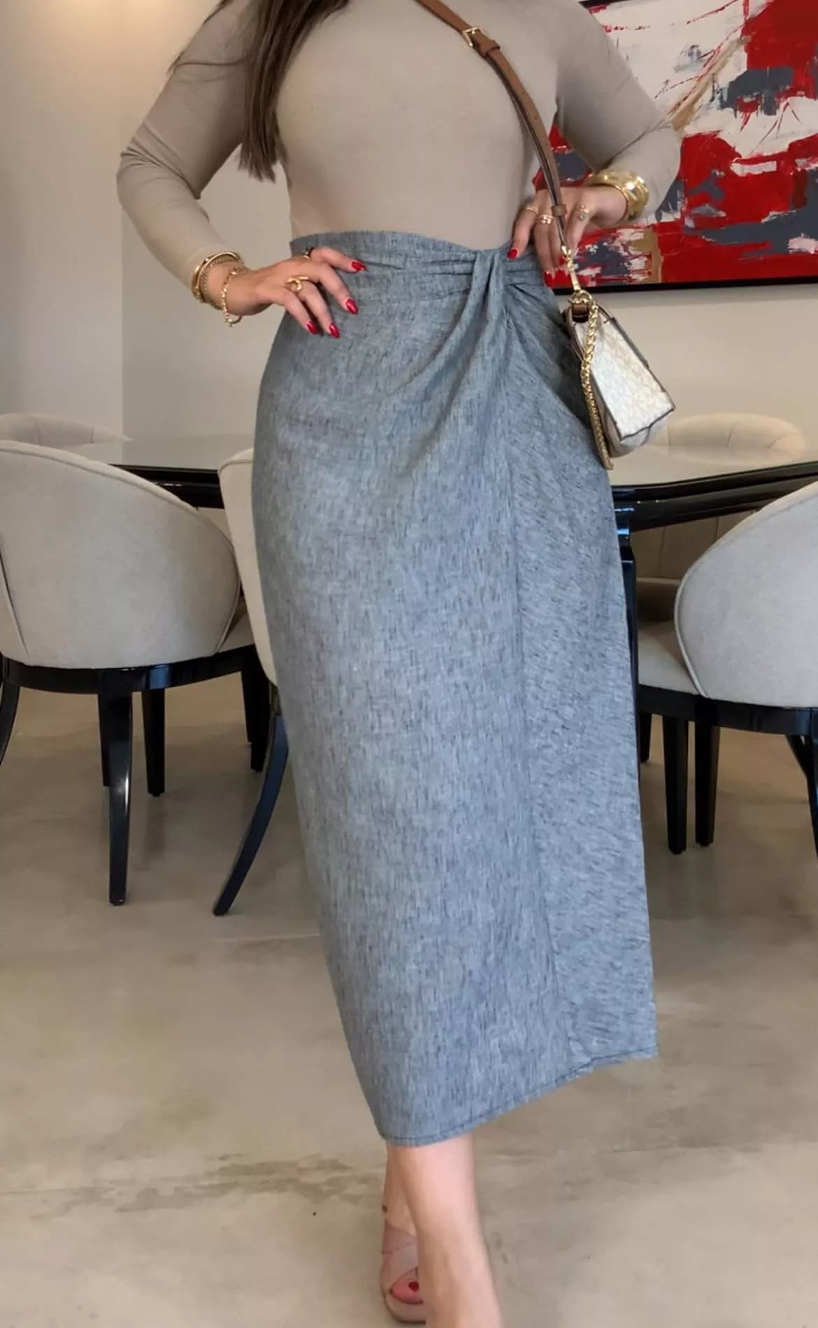 دامن زنانه گره دار لینن زارا کرم — تصویر ۷