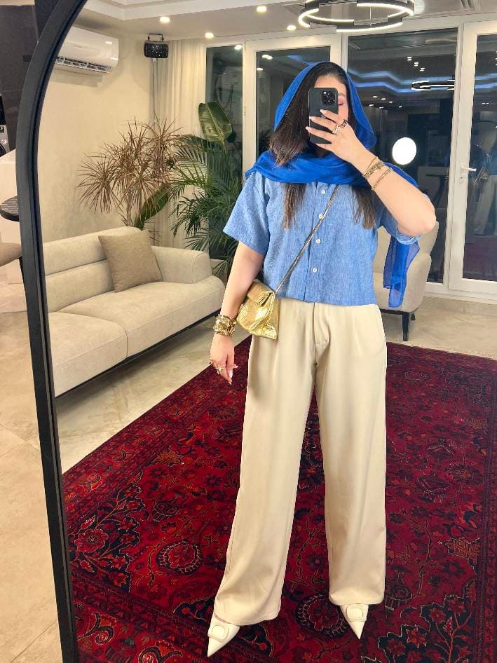 شومیز آستین کوتاه لینن آبی مدل رزی — تصویر ۳