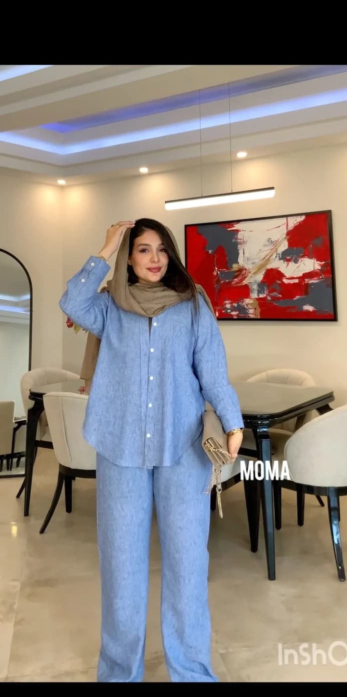 ست شومیز و شلوار لینن آبی مدل زارا