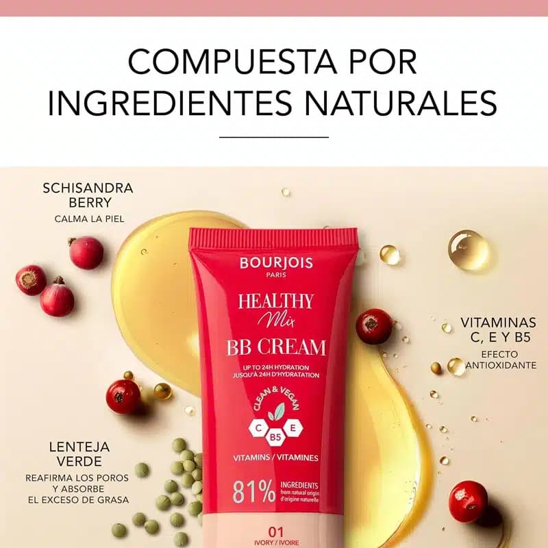 بی بی کرم ویتامینه بورژوآ Bourjois مدل Healthy Mix Clean &amp; Vegan BB Cream کد 01 رنگ Ivory — تصویر ۳