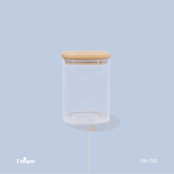 بانکه شیشه ای درب چوبی مربع 13 سانت UNIQUE UN-1763