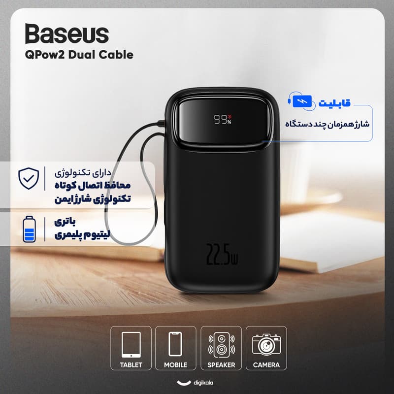پاوربانک 22.5 وات بیسوس مدل 22.5W QPow2 Dual Cable ظرفیت 10000 میلی آمپر ساعت — تصویر ۳