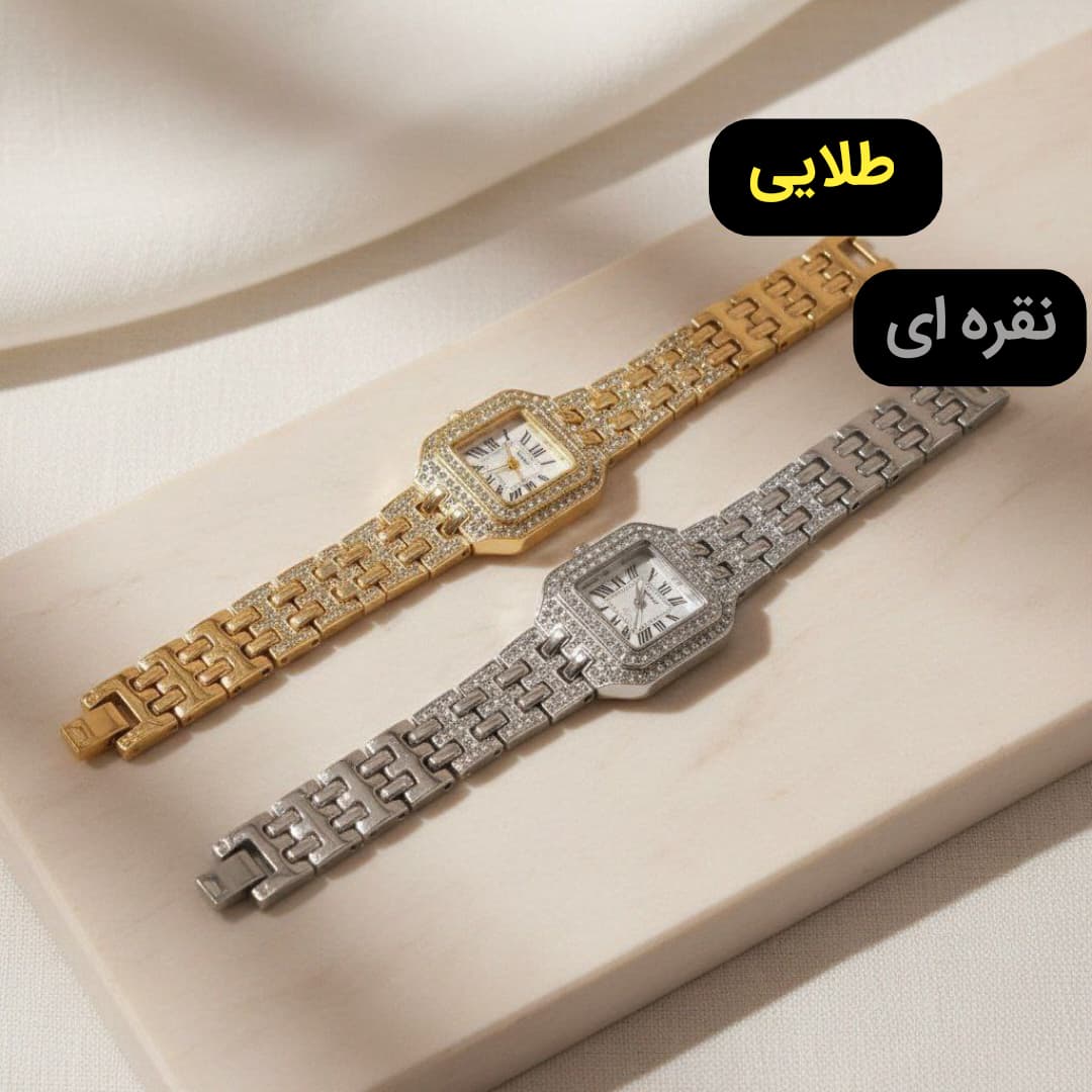 ساعت زنانه نگین دار مربعی طلایی — تصویر ۲