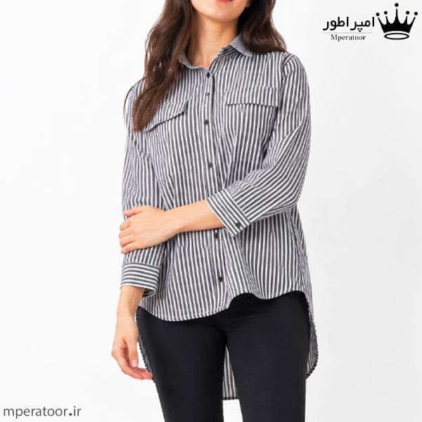شومیز راه راه زنانه مدل مانتویی — تصویر ۴