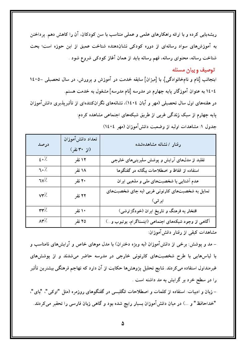 اقدام پژوهی با عنوان « چگونه توانستم میزان تأثیرپذیری دانش آموزان پایه چهارم از سبک زندگی غربی از طریق شبکههای اجتماعی را کاهش دهم؟» — تصویر ۶