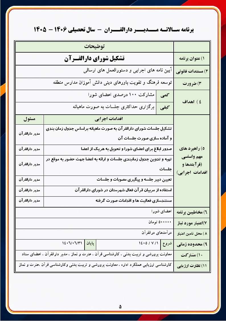 برنامه سالانه و تقویم اجرایی مدیر دارالقرآن آموزش و پرورش 1406- 1405 — تصویر ۶