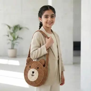 کیف رافیا طرح خرس رنگ کرم کد 217