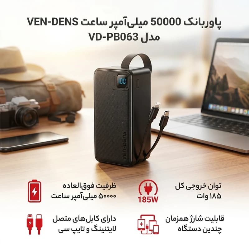 پاوربانک 22.5 وات وندنز مدل PB063 ظرفیت 50000 میلی‌آمپرساعت — تصویر ۵