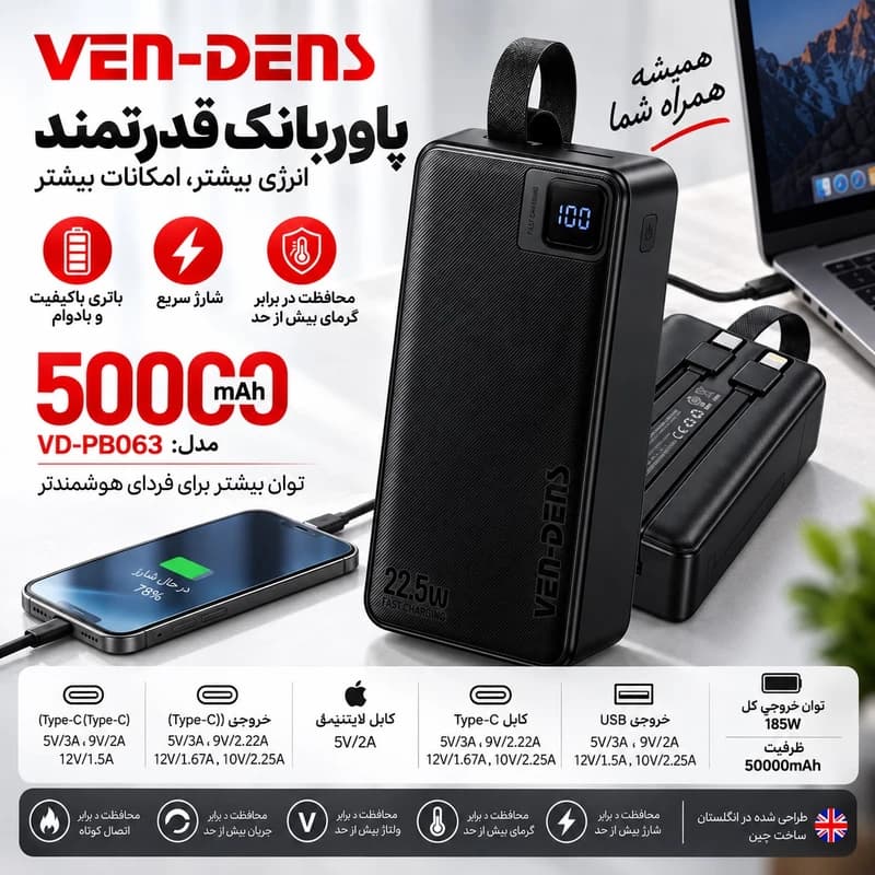 پاوربانک 22.5 وات وندنز مدل PB063 ظرفیت 50000 میلی‌آمپرساعت — تصویر ۹