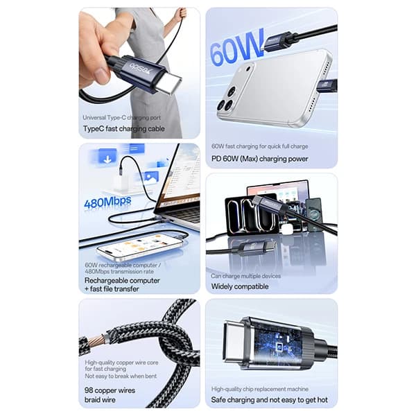 کابل USB-C یسیدو مدل DUAL -C CA204 60W طول 1 متر — تصویر ۷