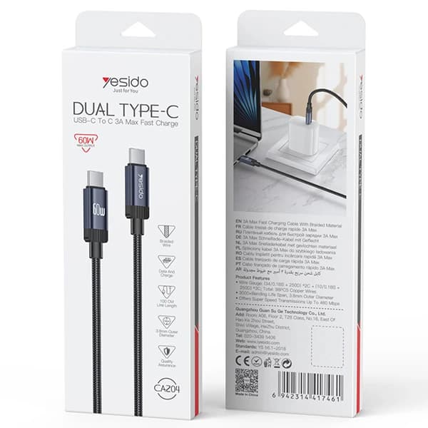 کابل USB-C یسیدو مدل DUAL -C CA204 60W طول 1 متر — تصویر ۱۰